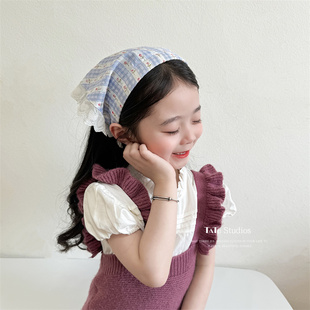 儿童蝴蝶结碎花方巾头箍婴儿女童头饰宝宝蕾丝花边头巾发箍不勒头