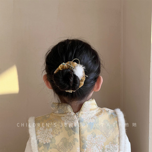 新中式奶黄儿童发饰女童毛绒大肠发圈蝴蝶结发绳宝宝不伤发扎头绳