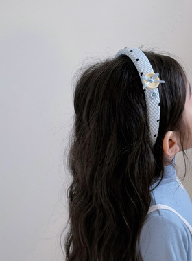 女童蓝色清新格纹头箍儿童防滑不伤发宽边压发发箍高颅顶头扣发卡