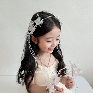 超仙蝴蝶结流苏发夹儿童古风汉服演出头饰发箍小女孩高级水钻头箍