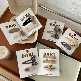 儿童格纹熊头发夹格纹蝴蝶结BB夹小女孩秋冬不伤发千鸟格压夹发饰