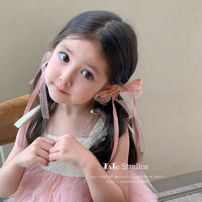 长飘带蝴蝶结头饰公主扎头发甜美粉色顶夹儿童芭蕾风丝带绑发发夹