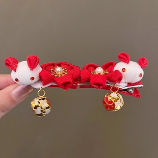 儿童古风汉服飘带毛球发夹中国风小女孩新年喜庆红色发卡宝宝发饰