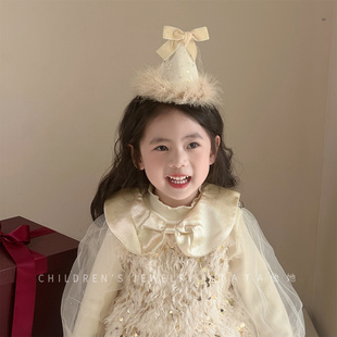 白色羽毛生日帽子皇冠发夹公主风氛围感派对拍照洋气王冠儿童头饰