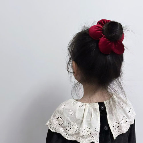 女宝宝丝绒立体花朵发圈发绳儿童肠圈高级感酒红新年扎丸子头头绳