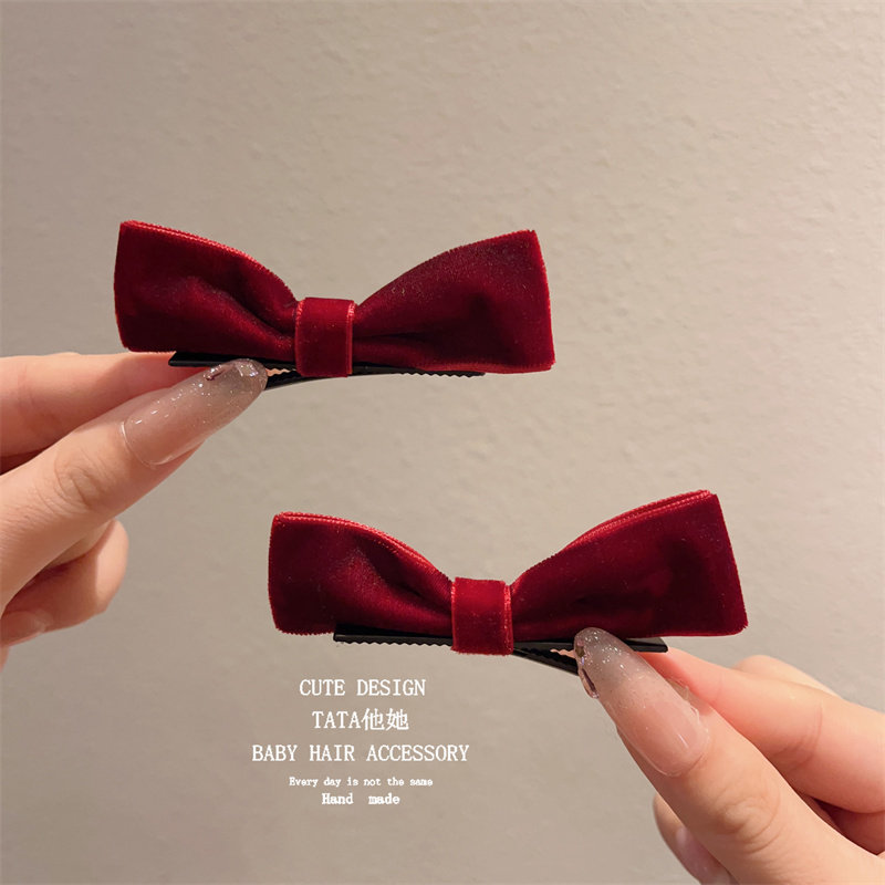 女童立体甜美酒红色丝绒蝴蝶结双面发夹秋冬儿童侧边夹子公主发卡