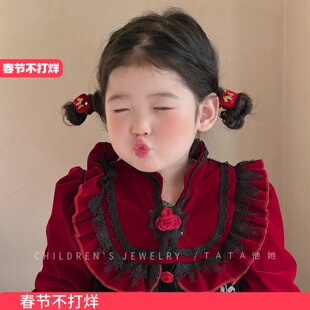 马年儿童红色丝绒发夹发圈女童新年喜庆宝宝拜年不伤发头饰皮筋