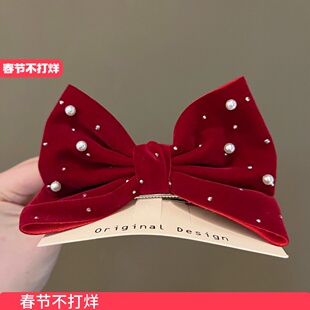 在逃公主发饰酒红色珍珠蝴蝶结立体顶夹小女孩大发夹发圈女童头饰