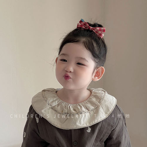 女童格纹布艺酒红蝴蝶结发夹
