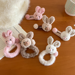 韩版 卡通毛绒皮筋立体小熊可爱发夹女孩甜美少女心侧边bb夹发卡