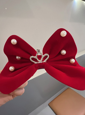 新年发饰韩国红色丝绒蝴蝶结发夹宝宝可爱珍珠顶夹女童公主发饰品