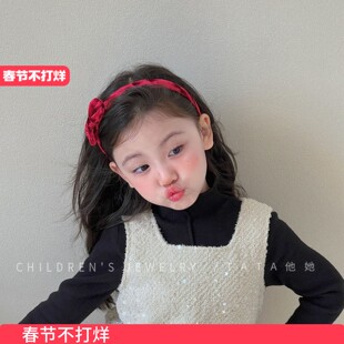 新年酒红丝绒蝴蝶结发箍女童简约百搭发卡宝宝不勒头头箍过年头饰