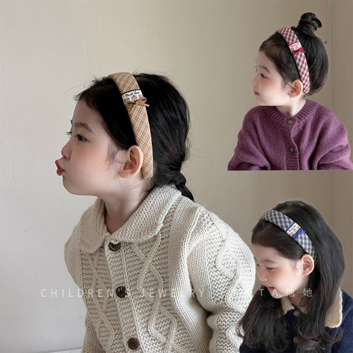 儿童复古纽扣格纹小熊发箍
