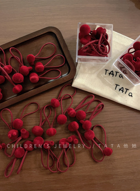 植绒酒红兔子发圈女童中国风新年头绳宝宝小号高弹力可爱头绳皮筋