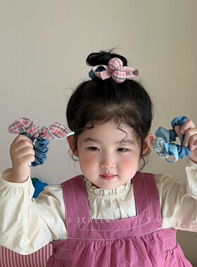 2026儿童蓝色格子发圈女童球球大肠发圈宝宝可爱扎头绳不伤发头饰