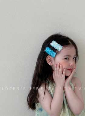 韩系蓝色系欧根纱方形褶皱发夹女童毛毛虫侧边BB夹发夹夏日荧光夹