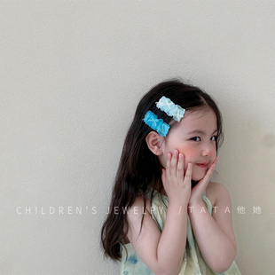 韩系蓝色系欧根纱方形褶皱发夹女童毛毛虫侧边BB夹发夹夏日荧光夹