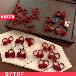 酒红色婴儿童可爱新年蝴蝶结发饰拇指不伤发高弹皮筋宝宝小号头绳