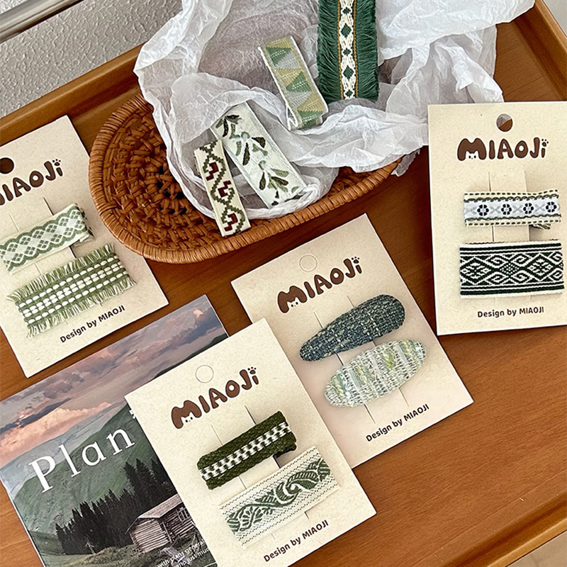 儿童格纹刺绣花朵发夹