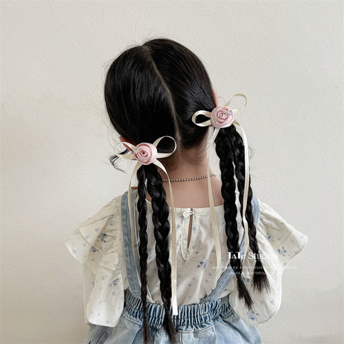 儿童气质玫瑰花朵丝绒飘带发圈设计高级感发饰马尾长丝带头绳发绳