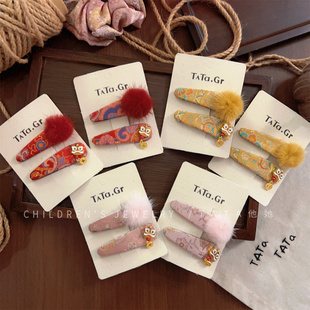 新中式织锦醒狮发夹宋锦毛球刺绣中国风发卡新年儿童侧边BB夹头饰