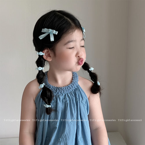 浅蓝玫瑰蝴蝶结女童甜美头饰发圈