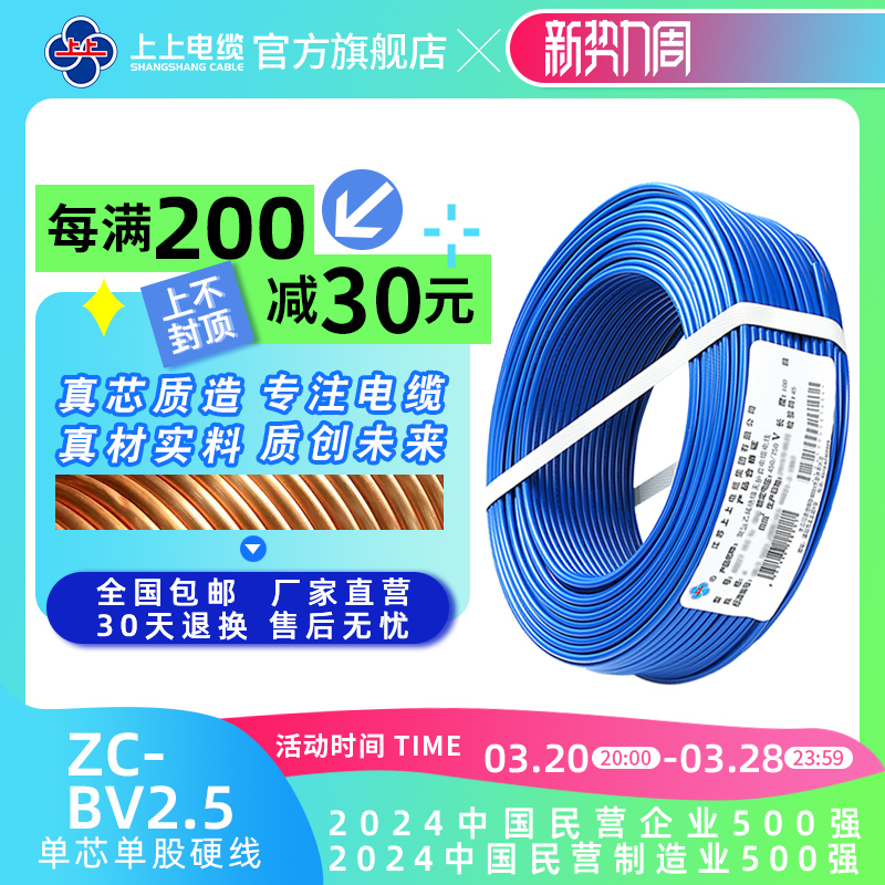上上电缆 ZC-BV2.5平方家装无氧铜芯阻燃电线 单芯单股硬线