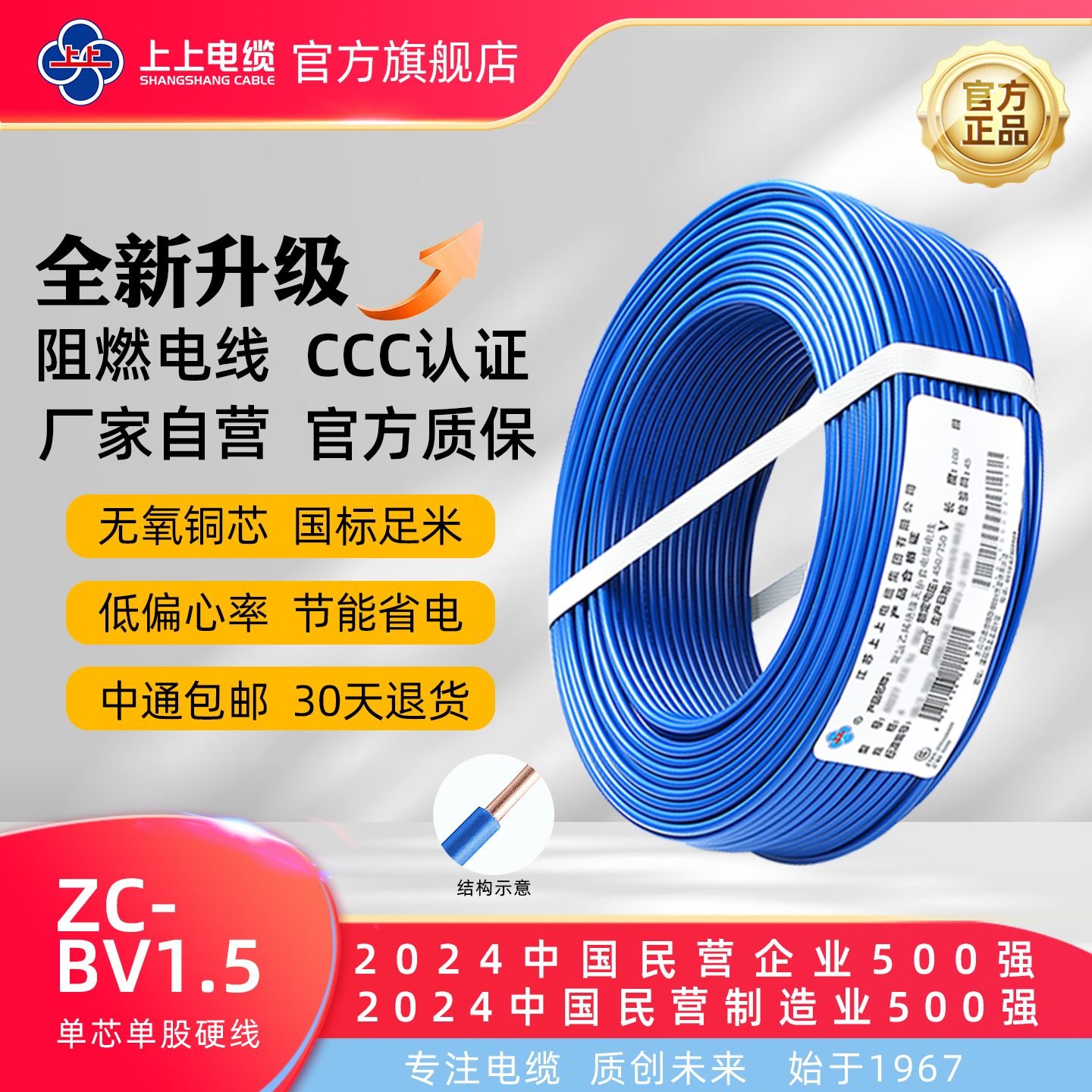 上上电线电缆 ZC-BV1.5平方单芯无氧铜线家用阻燃照明电源硬线