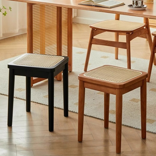 实木藤编凳子可叠放家用中古餐凳