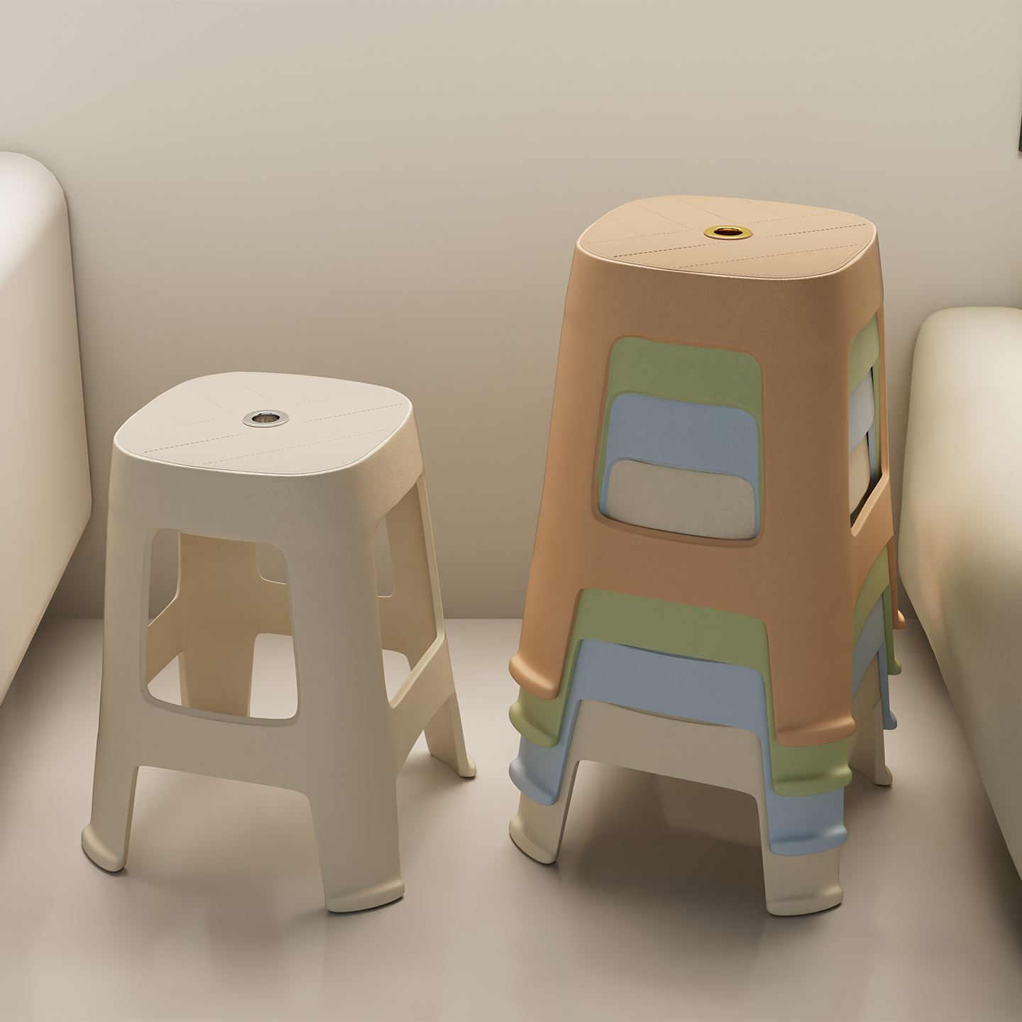 奶油风塑料凳子家用加厚