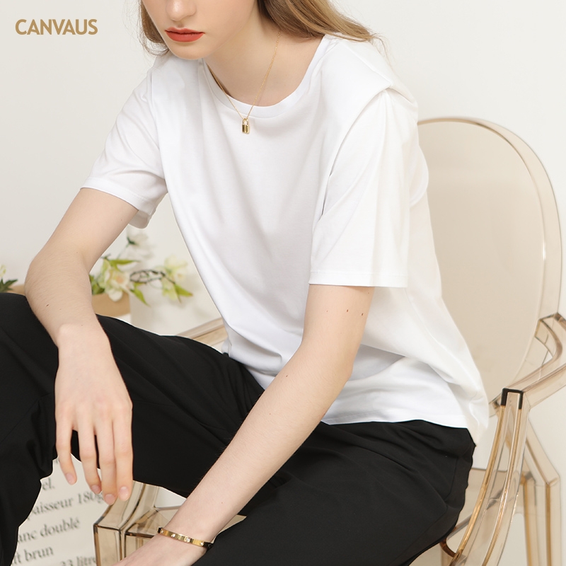 多宝仕棉质港味复古白色短袖t恤女纯色韩版夏季圆领宽松垫肩上衣