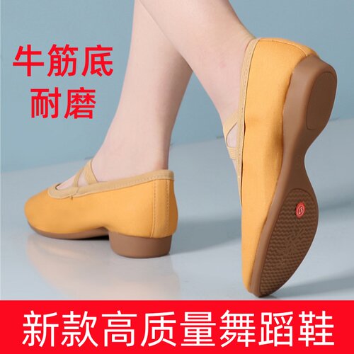 带跟舞蹈鞋成人女软底驼色帆布教师专用中跟室内跳舞鞋古典练功鞋