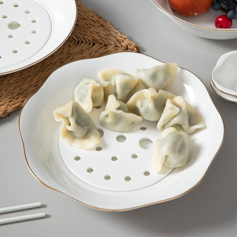 骨瓷饺子盘双层沥水陶瓷金边饺盘套装圆形家用水饺盘捞饺子盘商用,餐饮具,盘,淘宝优惠券,粉丝福利购,淘宝优惠卷
