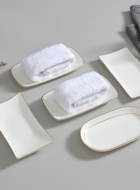骨瓷毛巾碟长方形酒店陶瓷放湿擦手餐巾托湿巾盘定制LOGO纯白金边