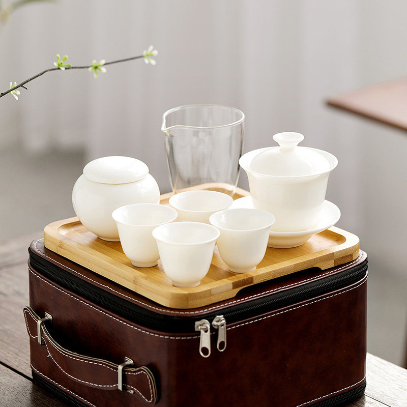 旅行茶具车载户外茶具套装一壶四杯便携式包野外旅游白瓷盖碗茶杯