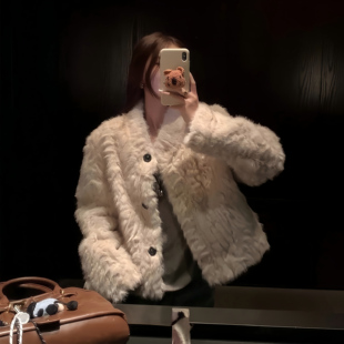 韩版环保小湖羊高级感环保皮草女冬小个子毛毛外套宽松款皮毛一体
