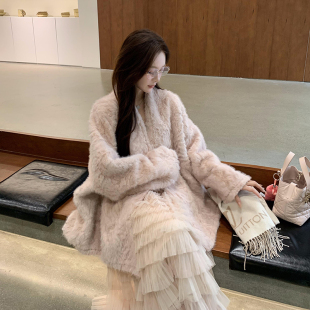 皮毛一体披肩慵懒风廓形冬水貂绒大衣环保皮草新款 外套女云雾石狐