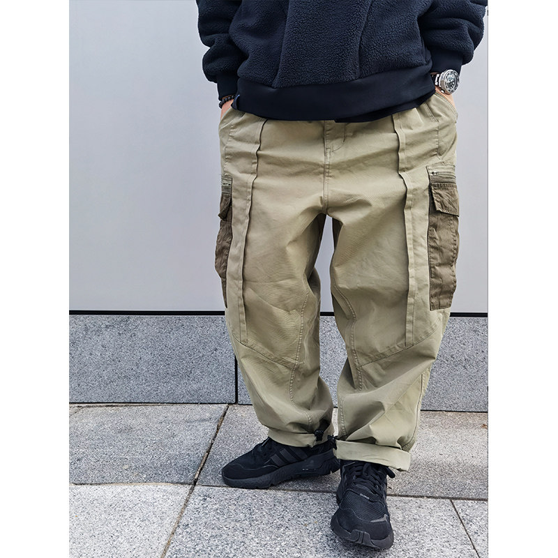 日系复古拼色多口袋工装裤