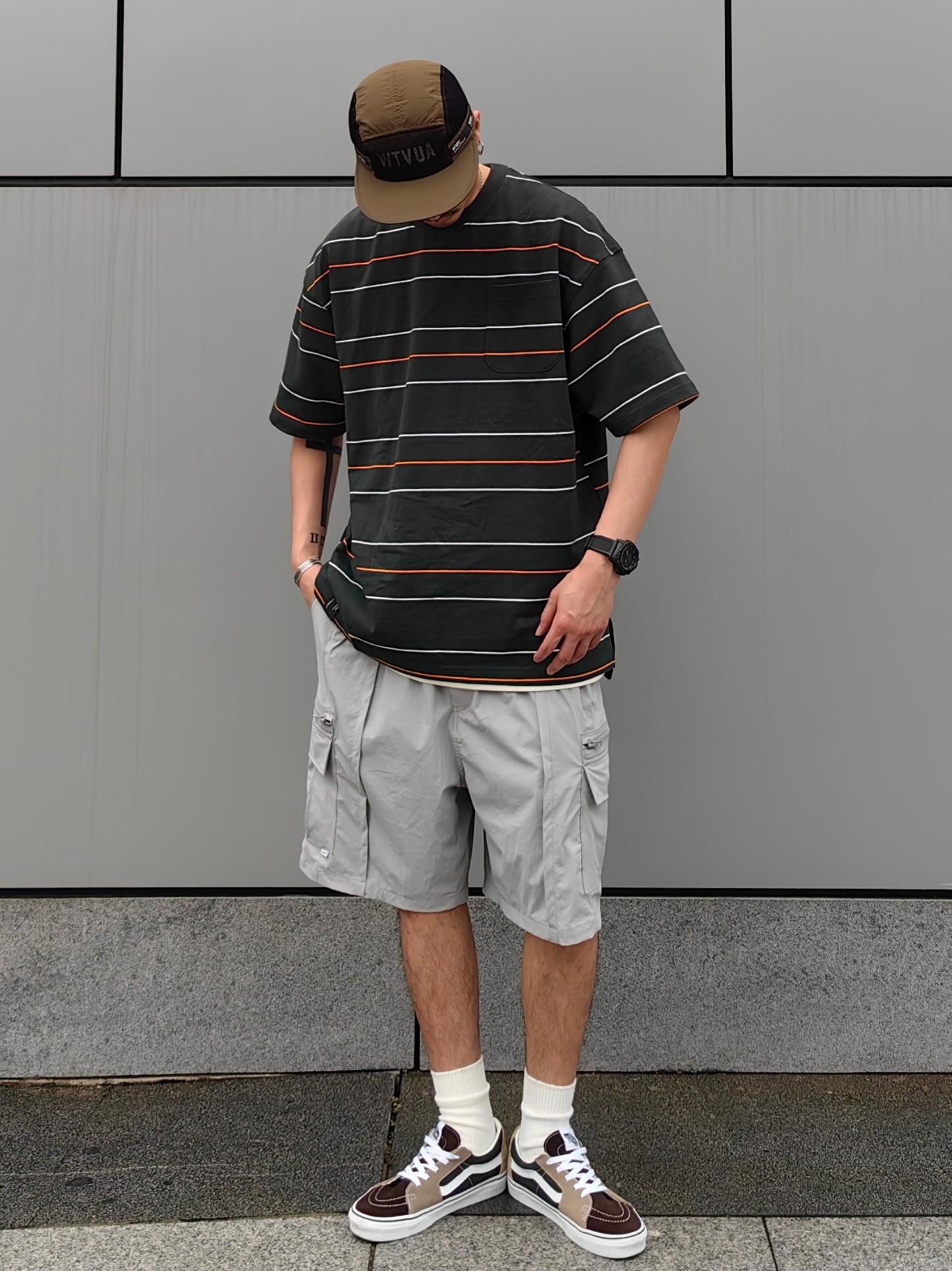 Camdrce短袖条纹撞色男士口袋T恤