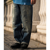 CAMDRCE 宽松日系复古长裤 新款 赤耳水洗破洞补丁泼墨牛仔裤