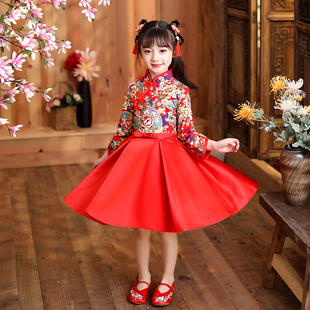 女童拜年服2024年冬季 中国风红色新年旗袍儿童春节走秀演出服唐装