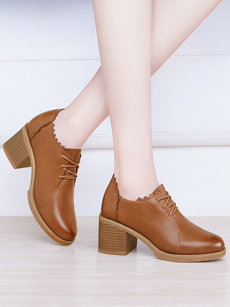Thick heel leather shoes women's spring and autumn 2021 new mid-heel brown lace-up high-heeled shoes soft leather comfortable mother deep mouth single shoes