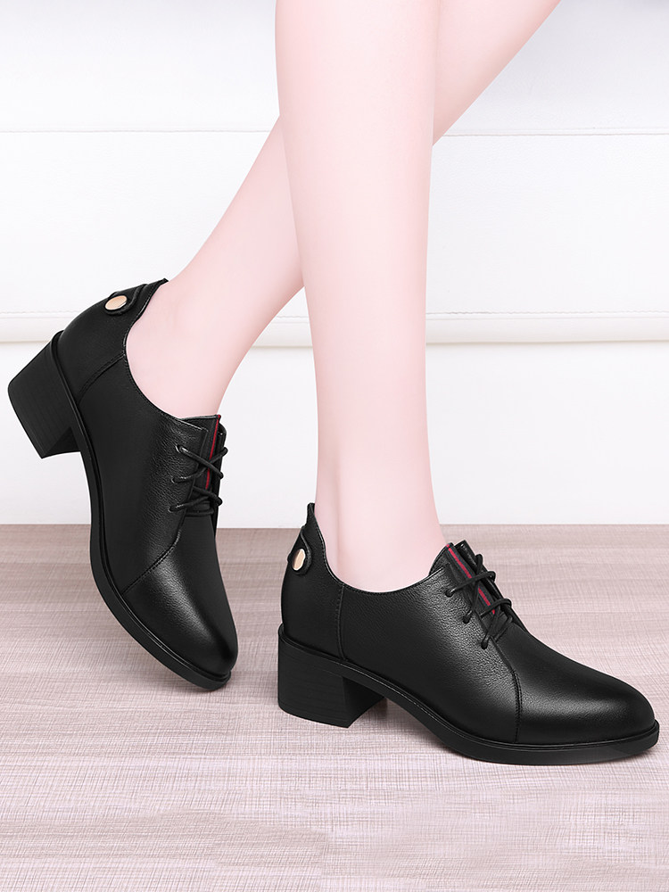 Women's leather shoes 2021 new spring shoes women's real leather wild medium heel thick heel deep mouth single shoes mom high heels