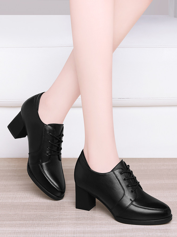 Leather high heels thick heels spring women's shoes 2021 new medium heel shoes black leather shoes comfortable work shoes