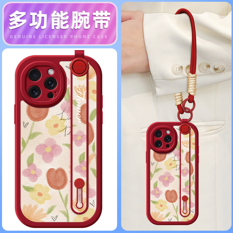 红郁金香适用苹果16手机壳iphone15ProMax小羊皮14新款13腕带斜挎挂绳可背12女款16plus网红15pro/16max硅胶