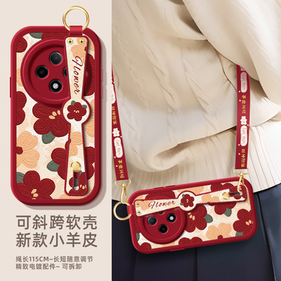 油画红花适用oppoa3pro新款手机壳女款软硅胶a2小羊皮卡通可爱a96/a55/a56/a95/a97斜挎腕带全包防摔合适夏天