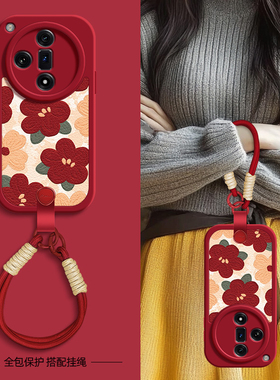 红色花瓣适用oppofindx7手机壳findx6pro保护套find x5新款findx3秋冬新年挂绳可背findx7ultra女款oppo网红