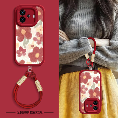 红色小花适用iqooz10turbo手机壳vivoiqooz9turbo+小羊皮iqoo z8/z8x/z7/z7i/z6/z5/z5x新款iqoou3/u1挂绳