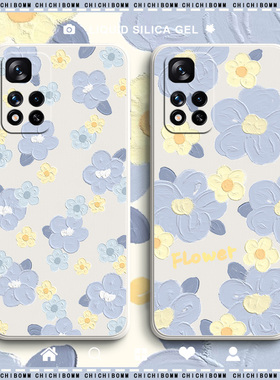 蓝色花朵红米note11pro手机壳女款油画创意小米note11防摔note10液态硅胶redmi11pro+全包超薄5G新网红潮