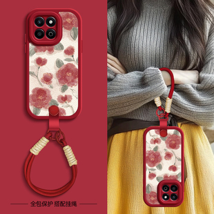 20保护套50m新款 Honor新春新年挂绳畅玩40s女硅胶可背 红玫瑰花适用荣耀畅玩60plus手机壳华为畅玩50